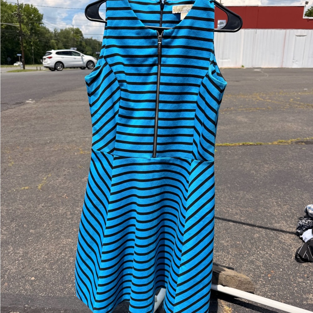 Micheal Kors Blue & Black Striped Sleeveless Fit-and-Flare Dress